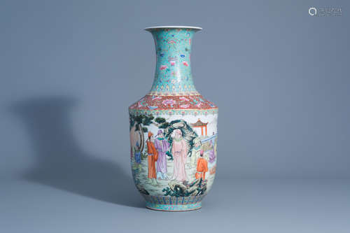 A Chinese famille rose vase with figures in a landscape, 20th C.