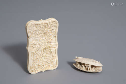 A Chinese richly carved card case and a shell with figures in a landscape, Canton, 19th C.