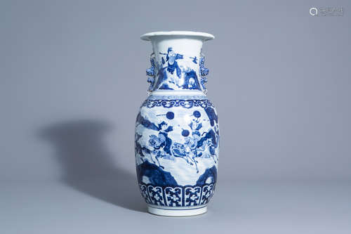 A Chinese blue and white vase with warriors, 19th C.