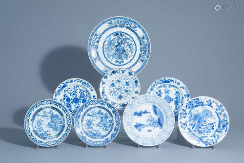 Seven Chinese blue and white dishes and a charger with different designs, Kangxi/Qianlong