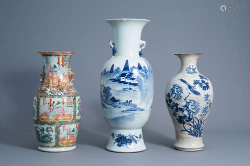 Three various Chinese Canton famille rose and blue and white vases, 19th C.