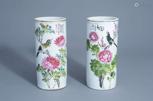 Two Chinese qianjiang cai hat stands with birds on blossoming branches, 19th/20th C.