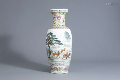 A Chinese famille rose 'Horses of Wang Mu' vase, 20th C.