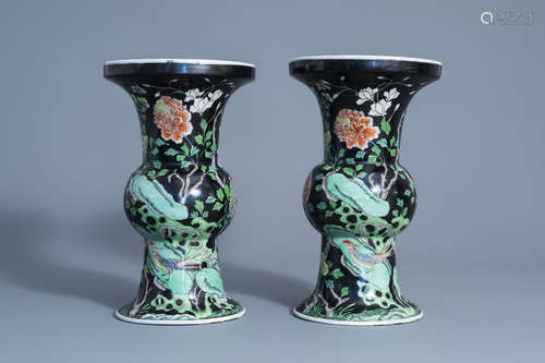 A pair of Samson famille noire style vases with pheasants and flowers, Paris, 19th C.