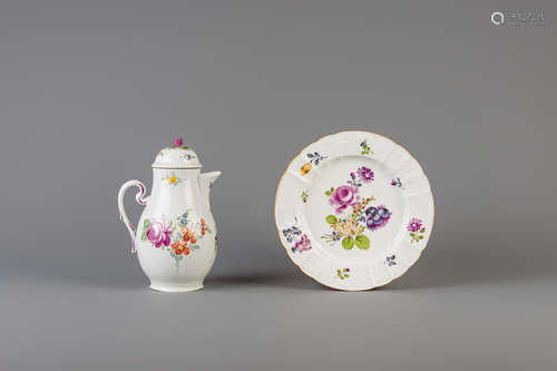 A German Volkstedt porcelain coffee pot and a French Samson Meissen style plate, 19th C.