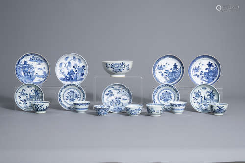 A varied collection of Chinese blue and white cups and saucers, Kangxi/Qianlong