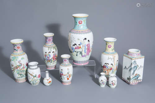 Ten various Chinese famille rose vases, 20th C.