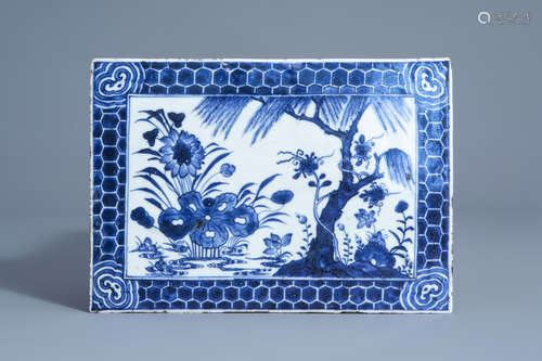 A rectangular Chinese blue and white tile with floral design, Qianlong