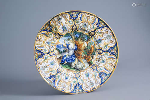 An Italian polychrome maiolica charger with the embarkation for Cythera, about 1900