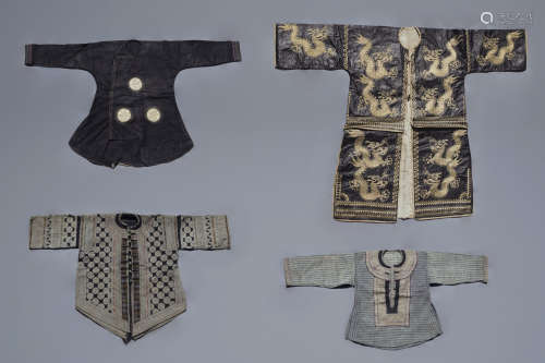 Four Chinese Dong ethnic minority embroidered silk and woollen pieces of clothing, 19th/20th C.