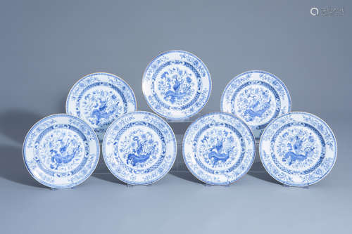 Seven Chinese blue and white plates with a vase with flowers and floral design, Qianlong