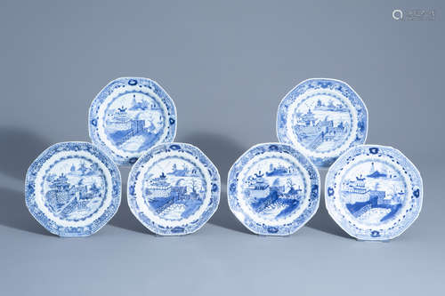 Six Chinese octagonal blue and white 'landscape' plates, Qianlong