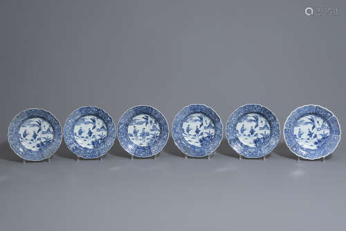 Six Chinese blue and white 'Romance of the Western Chamber' deep plates, Qianlong