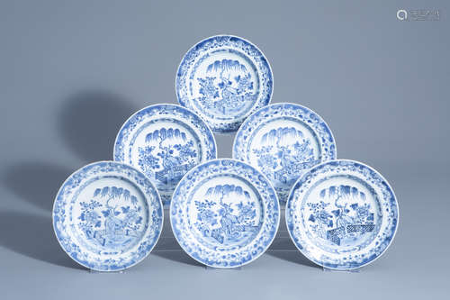 Six Chinese blue and white deep plates with floral design, Qianlong