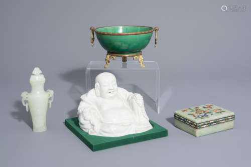 A Chinese blanc de Chine Buddha, a bronze mounted bowl, a jade vase and an inlaid hardstone box and
