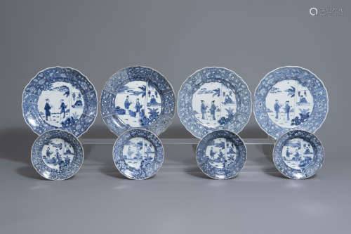 Eight Chinese blue and white 'Romance of the Western Chamber' plates and dishes, Qianlong