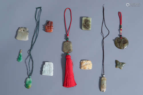 Eleven Chinese jade, agate, jadeite and hardstone pendants, 19th/20th C.