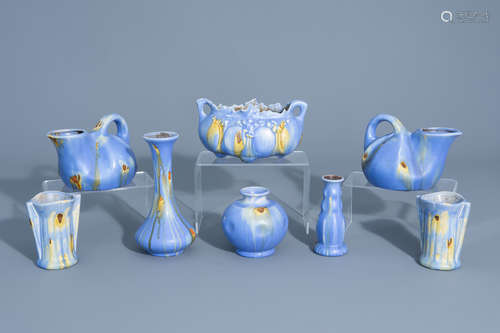 Five polychrome Art Nouveau vases, two jugs and a jardinire, Thulin, first half of the 20th C.