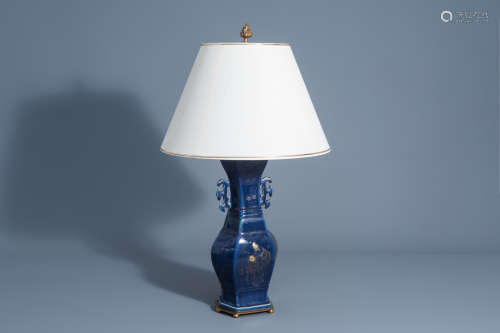 A Chinese monochrome blue vase with gilt decoration transformed into a lamp, Qianlong
