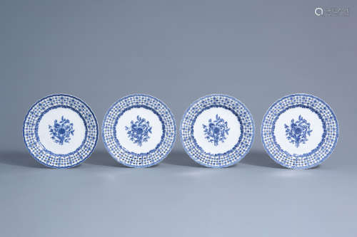 Four Chinese blue and white open worked plates with floral design, Qianlong