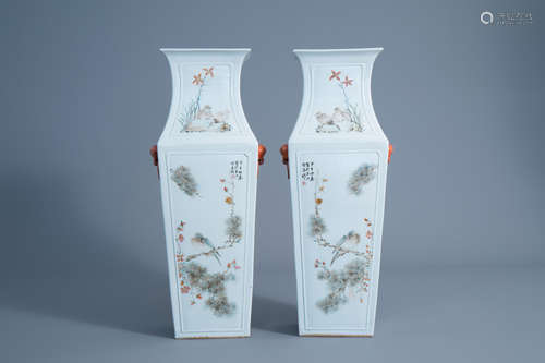 A pair of Chinese quadrangular qianjiang cai vases with landscapes and birds between blossoming bran