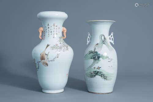 Two Chinese qianjiang cai vases with a landscape and a bird on a branch, 19th/20th C.