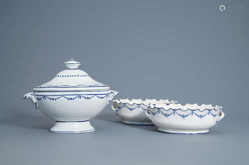 A blue and white faience fine covered tureen and a pair of monteiths, Boch Luxemburg, 1st half 19th