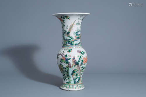 A Chinese famille verte yenyen vase with birds among blossoming branches, 19th C.