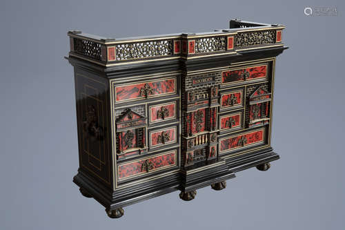 A pseudo tortoise veneer, bone and ebonised wood cabinet, Southern Europe, 20th C.