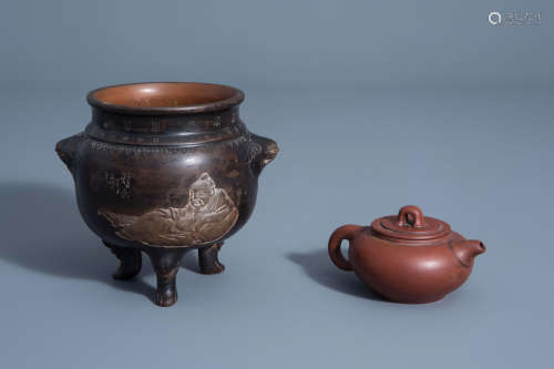 A Chinese Yixing stoneware incense burner and a teapot and cover, 19th/20th C.