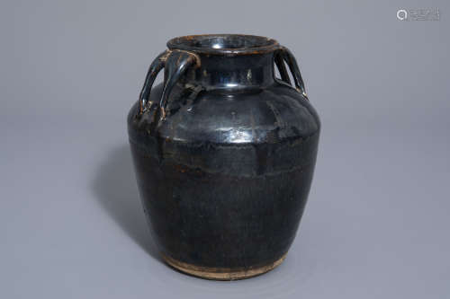 A Chinese black glazed Henan jar with handles, Song or later