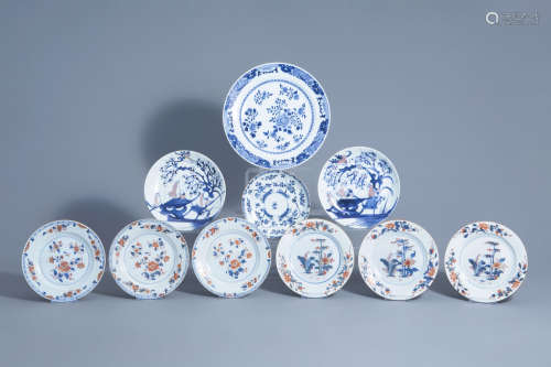 Ten Chinese blue, white, Imari style and iron red plates with different designs, 18th C. and later