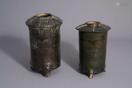 Two Chinese green glazed pottery grain silos, possibly Han dynasty