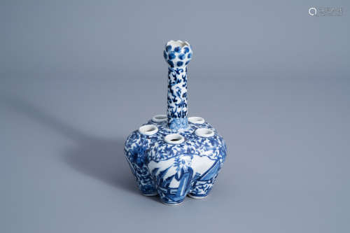 A Chinese blue and white tulip vase with ladies in a garden and floral design, Qianlong mark, 19th C