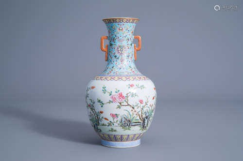 A Chinese famille rose vase with floral design, Daoguang mark, 19th/20th C.