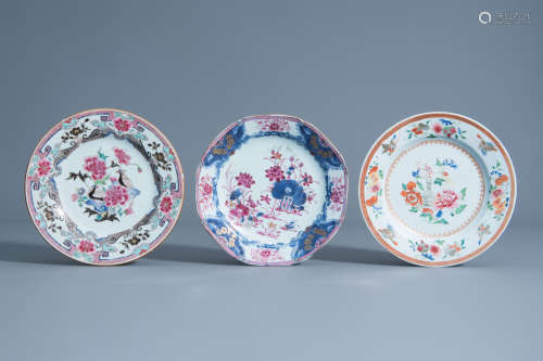 Three various Chinese famille rose plates, Yongzheng/Qianlong