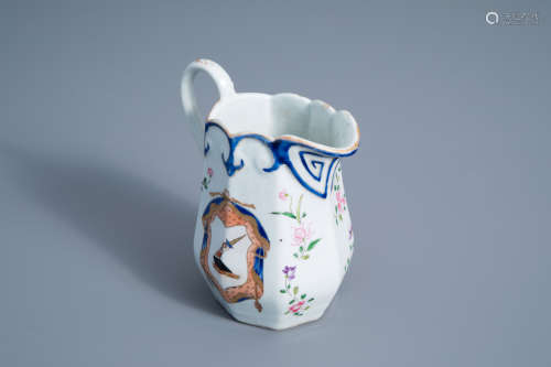 A Chinese famille rose English market export porcelain armorial jug with floral design, Qianlong/Jia