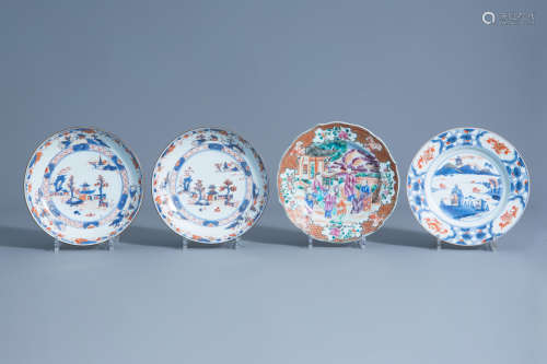 Three Chinese Imari style plates with a landscape and a famille rose Mandarin plate, Kangxi/Qianlong