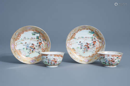 A pair of Chinese famille rose 'hunting scene' cups and saucers, Qianlong