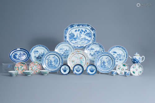 A varied collection of Chinese famille rose and blue and white porcelain, 18th C. and later
