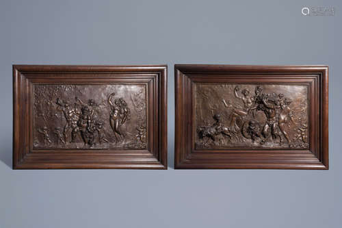 Clodion (1738-1814, after): The Triumph of Bacchus, a pair of patinated bronze plaques, 19th C.