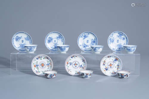 Seven Chinese blue, white and verte-Imari cups and saucers with floral design, Kangxi/Yongzheng