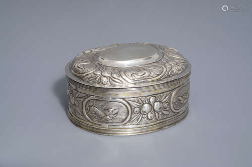 An oval shaped silver plated relief decorated tobacco box, various marks, 18th/19th C.