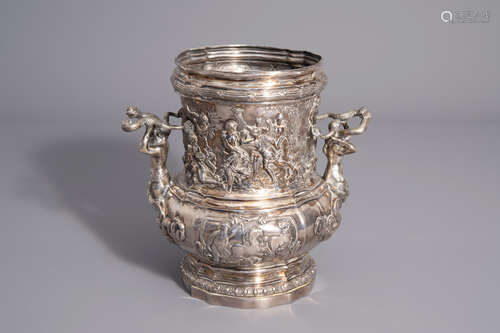 An exceptional silver wine cooler with mythological scenes all around, various marks, 19th/20th C.