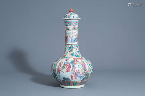 A Chinese famille rose vase and cover with court scenes and floral design, 19th C.