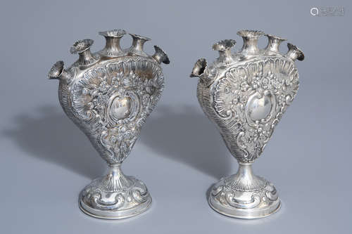 A pair of silver plated heart shaped tulip vases with historical marks, Belgium, 19th C.