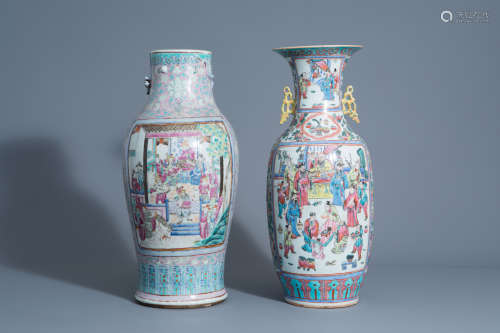 Two various Chinese famille rose vases with court scenes, 19th C.