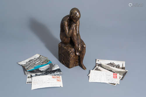 Rolf Brem (1926-2014): Young naked woman sitting on a rock, patinated bronze