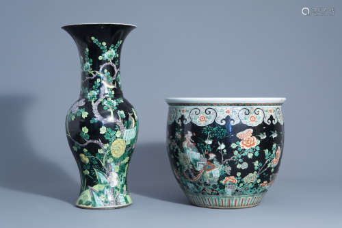 A Chinese famille noire yenyen vase and a jardinire with birds among blossoming branches, 19th/20th