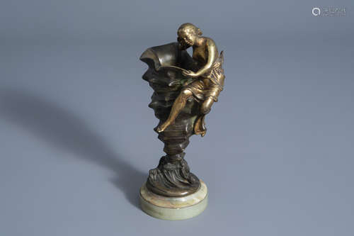 Joe Descomps (1869-1950): Rustling of the water, patinated bronze on an onyx marble base